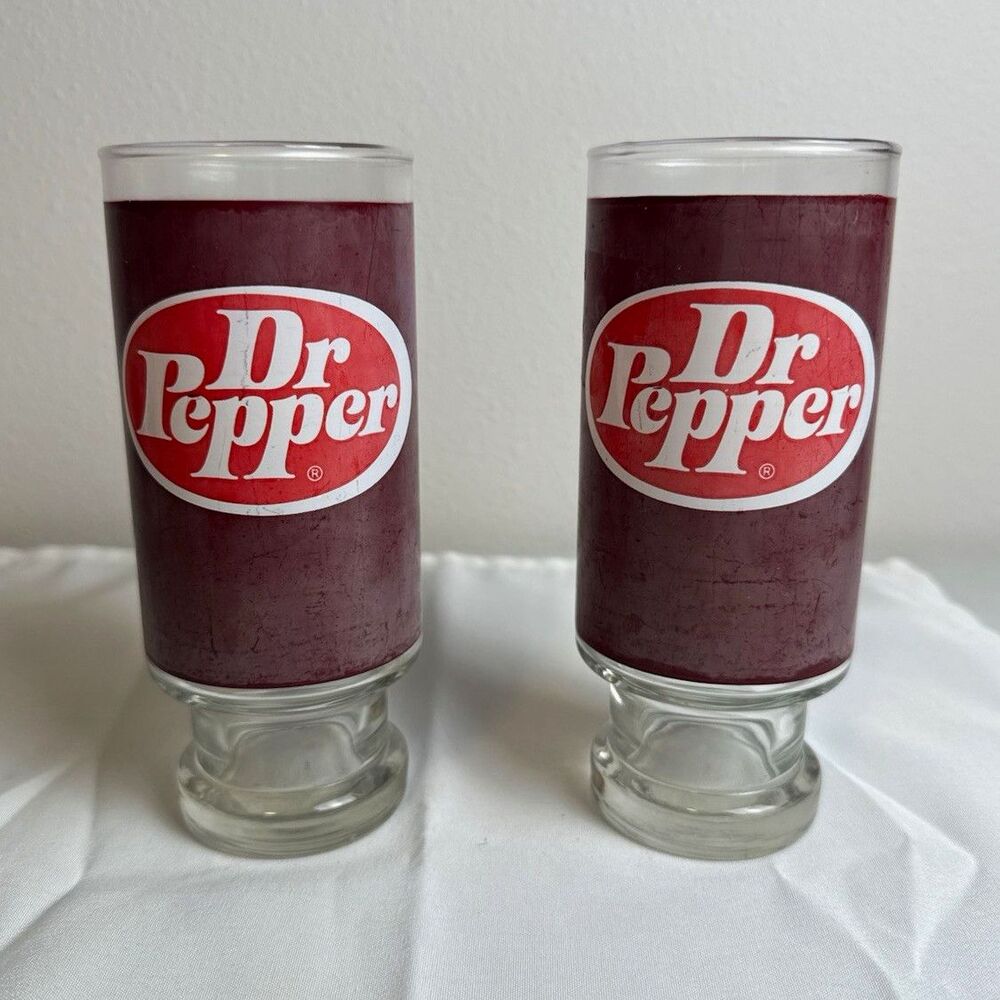 Vintage Dr Pepper Logo Soda Advertising Glass Tumblers Lot of 2 Red White Clear